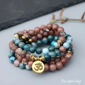 108 Natural Aqua Apatite & Red Stone Mala Bracelet