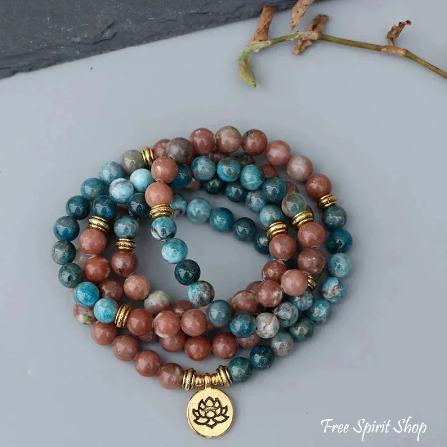 108 Natural Aqua Apatite & Red Stone Mala Bracelet