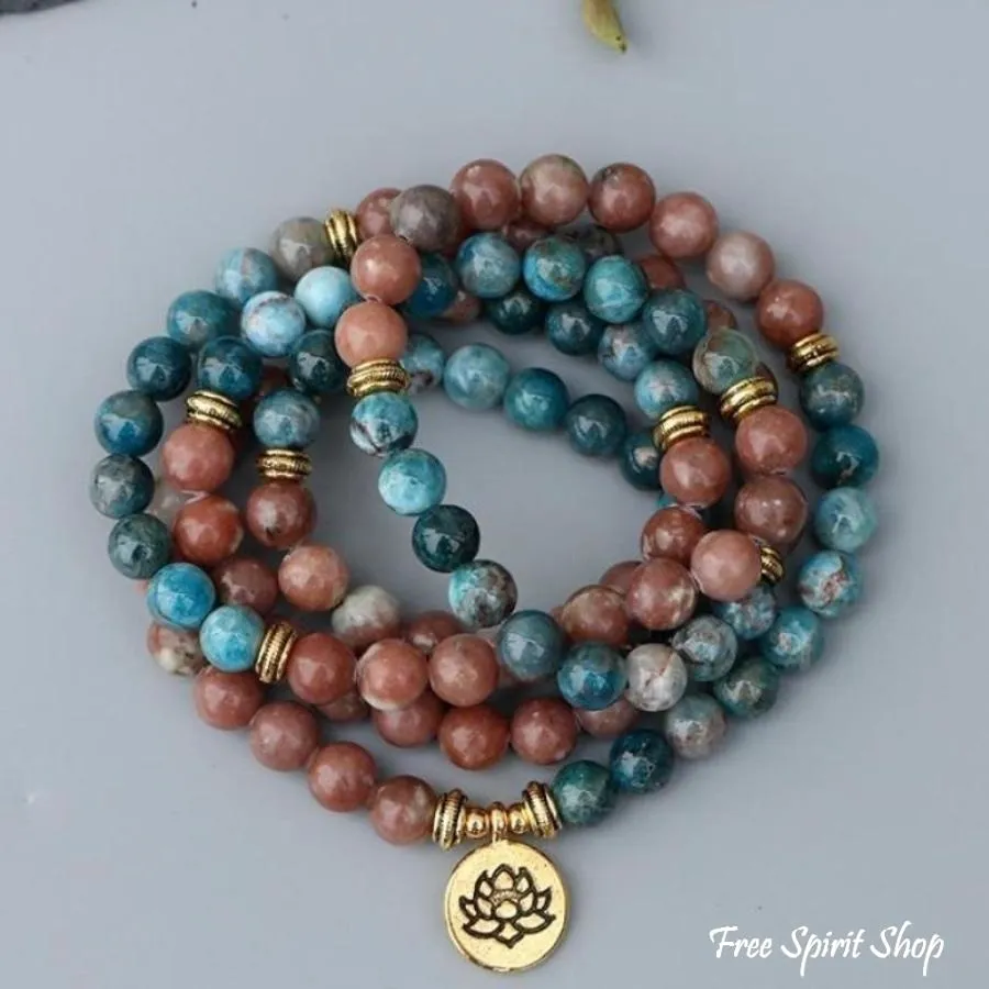 108 Natural Aqua Apatite & Red Stone Mala Bracelet