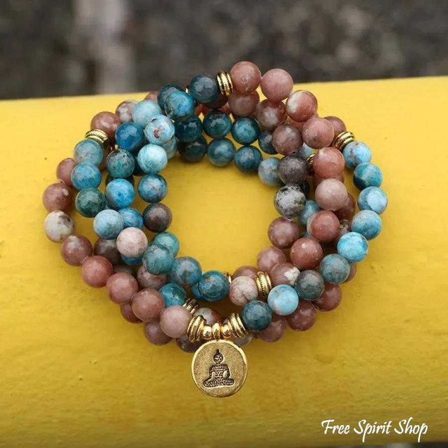 108 Natural Aqua Apatite & Red Stone Mala Bracelet