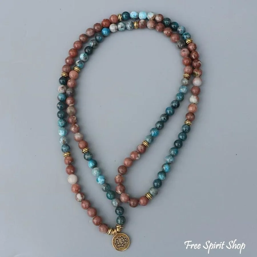 108 Natural Aqua Apatite & Red Stone Mala Bracelet