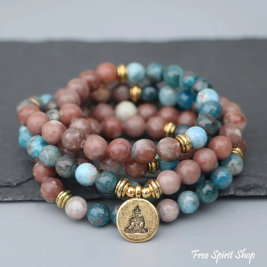 108 Natural Aqua Apatite & Red Stone Mala Bracelet