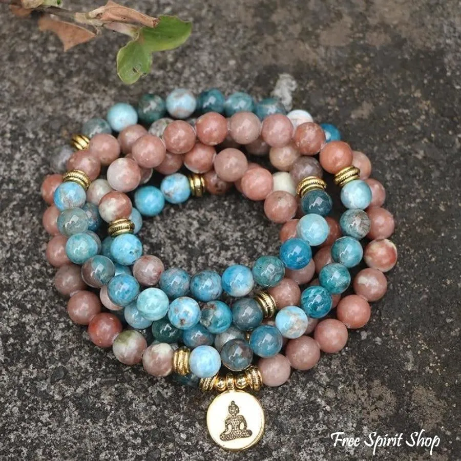 108 Natural Aqua Apatite & Red Stone Mala Bracelet