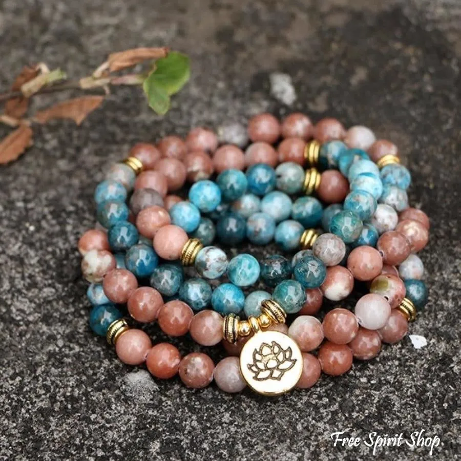 108 Natural Aqua Apatite & Red Stone Mala Bracelet