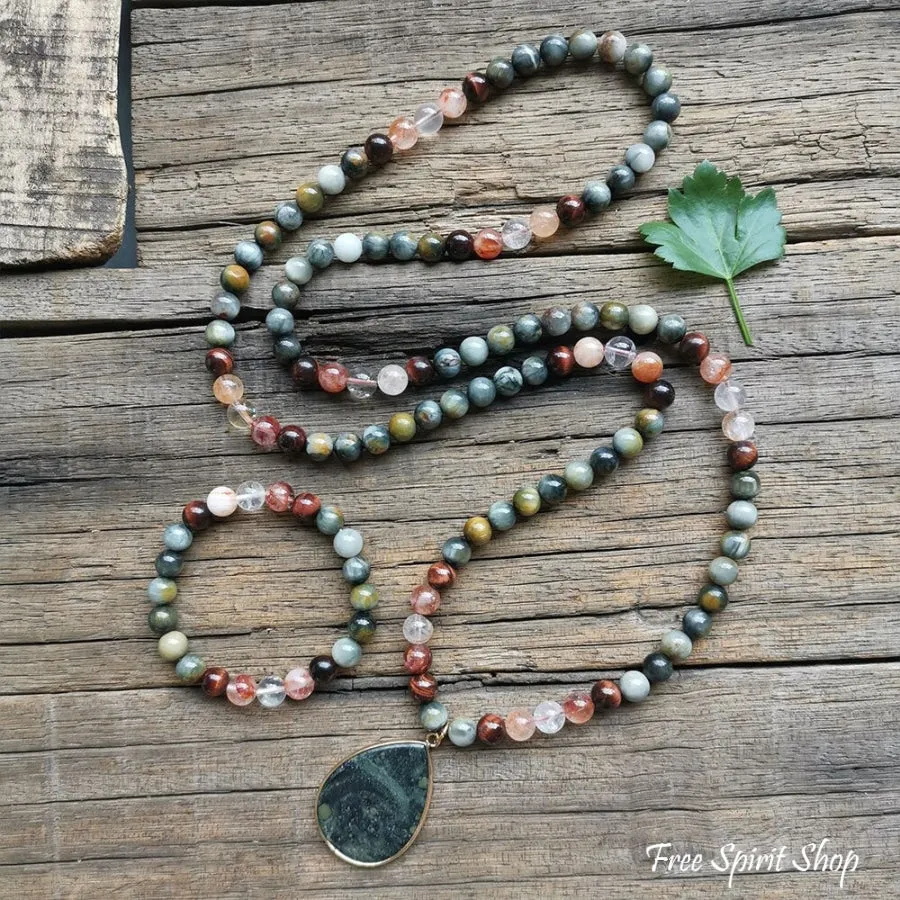 108 Natural Eagle Eye Tiger Eye & Red Quartz Mala Bead Necklace / Bracelet