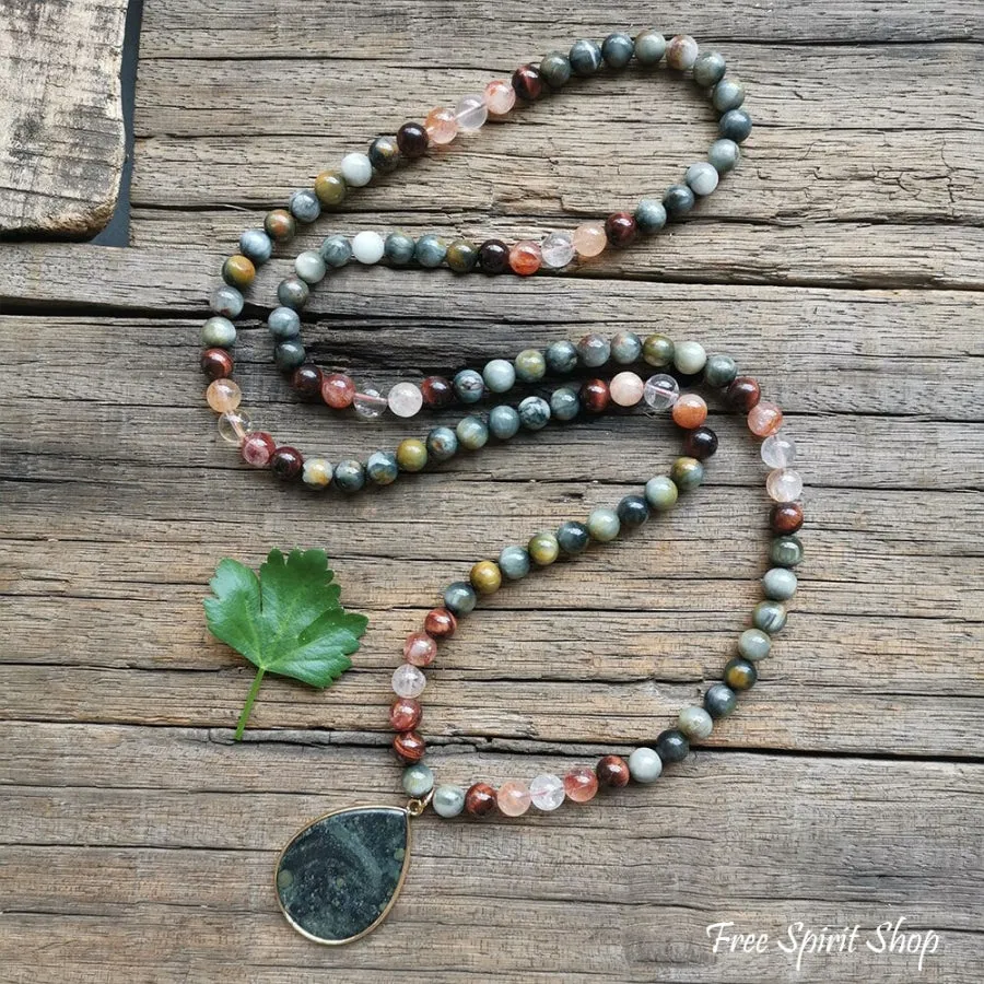 108 Natural Eagle Eye Tiger Eye & Red Quartz Mala Bead Necklace / Bracelet