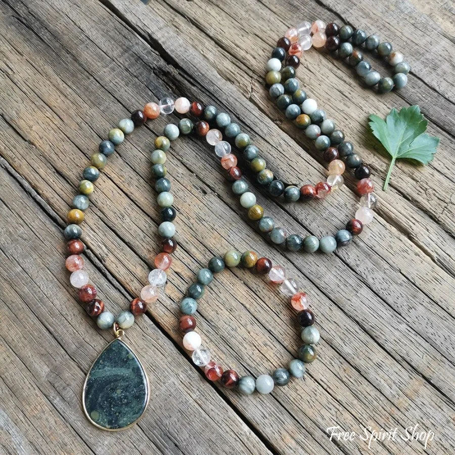 108 Natural Eagle Eye Tiger Eye & Red Quartz Mala Bead Necklace / Bracelet