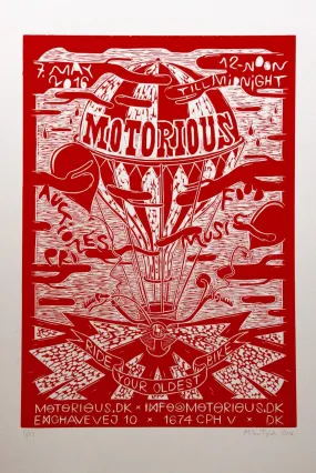 2016 Motorious lino-cut by Mike Tylak, A3 oversize, Red on White