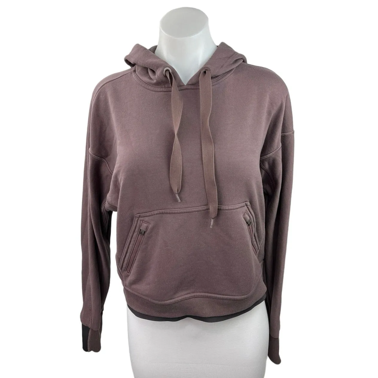 Athleta Recover Brown Mauve Drawstring Pullover Zip Pockets Hoodie Sweatshirt  S