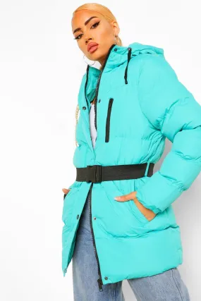 Belt Detail Hooded Puffer Jacket