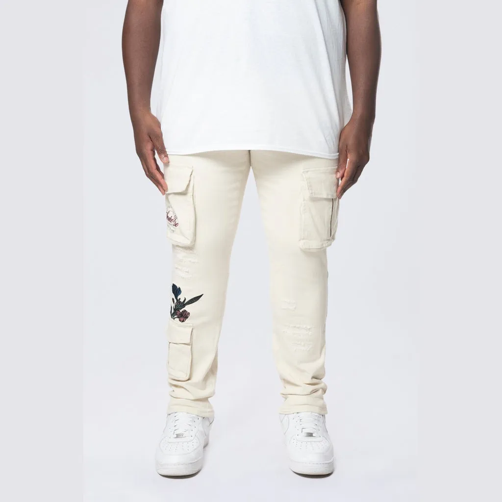 Big and Tall - Embroidered Cargo Twill Pants - Ecru