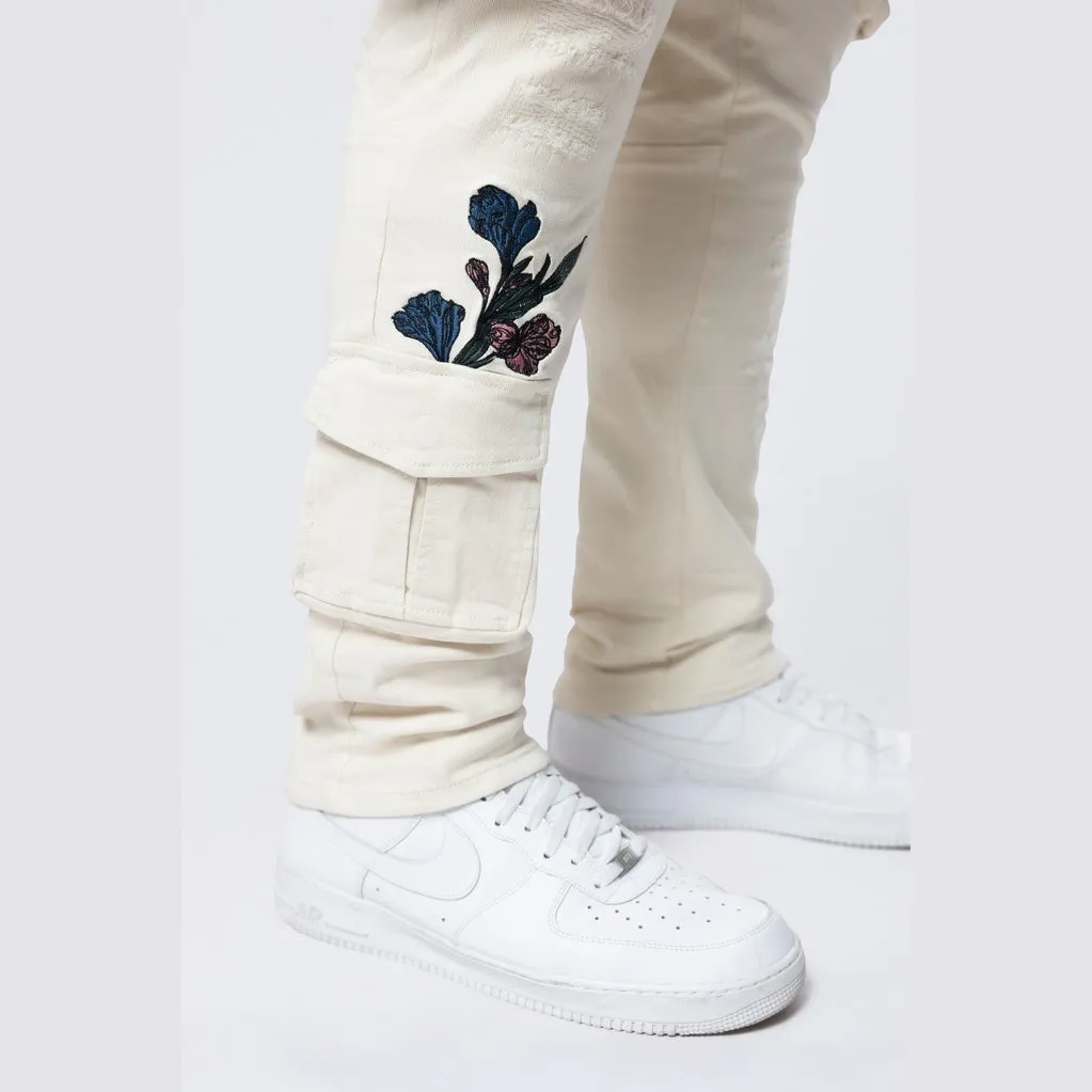 Big and Tall - Embroidered Cargo Twill Pants - Ecru