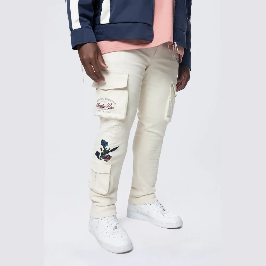 Big and Tall - Embroidered Cargo Twill Pants - Ecru