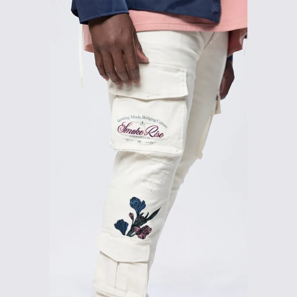 Big and Tall - Embroidered Cargo Twill Pants - Ecru