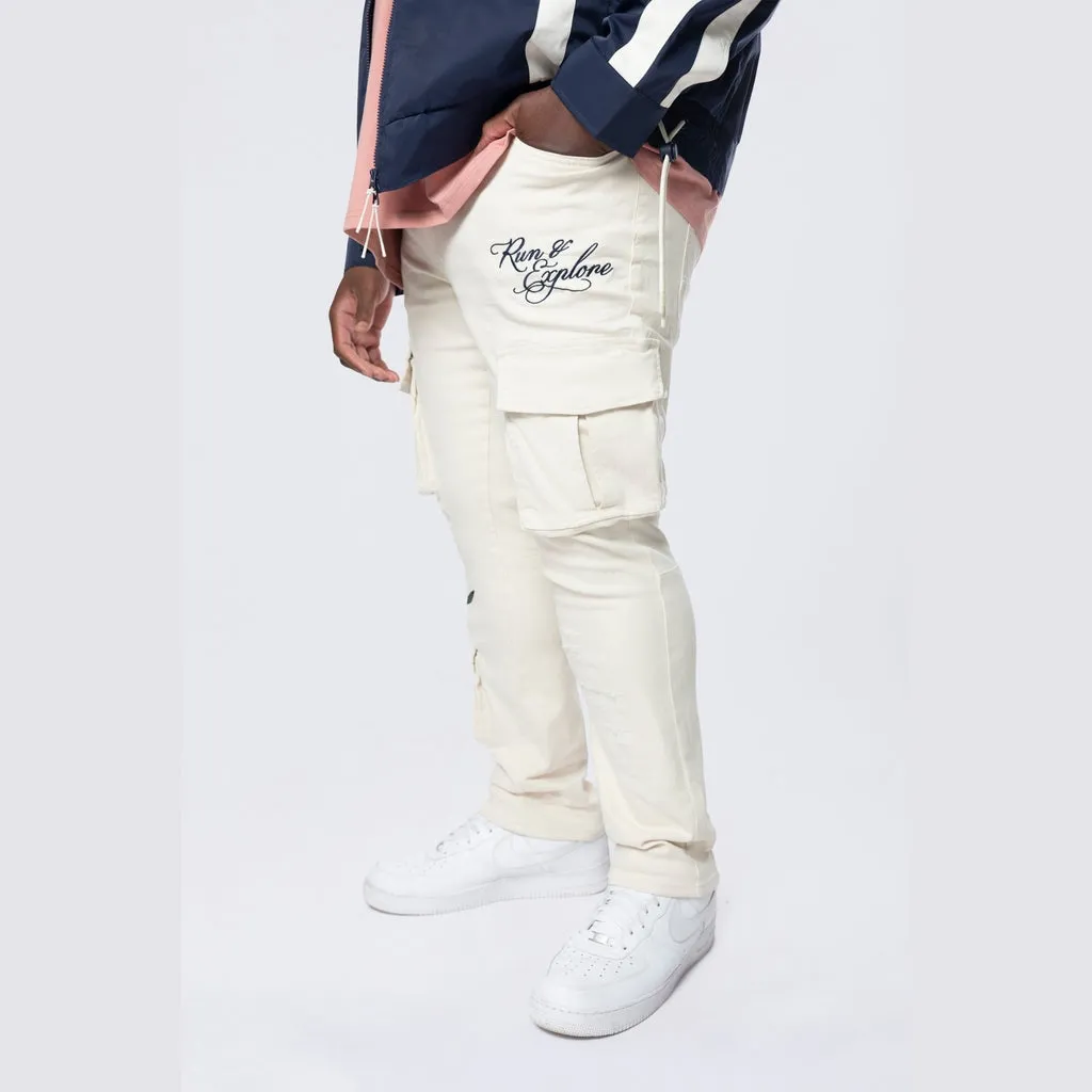 Big and Tall - Embroidered Cargo Twill Pants - Ecru