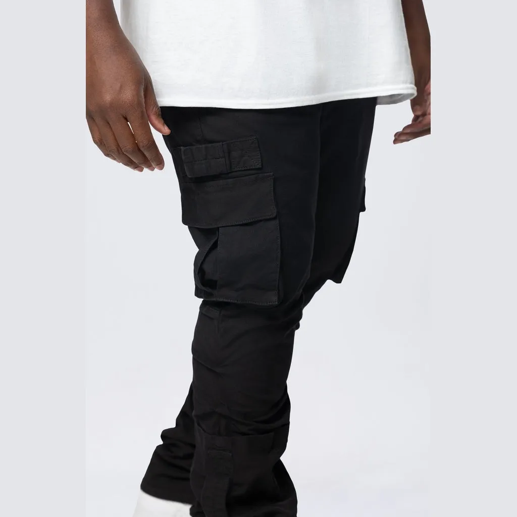 Big and Tall - Stacked Flared Cargo Strap Canvas Pants - Black