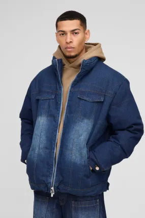 Boxy Oversized Funnel Neck Denim Puffer Jacket