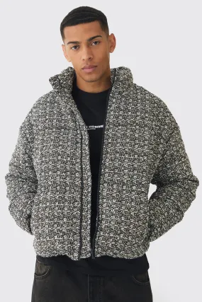 Boxy Tweed Funnel Neck Puffer Jacket In Black