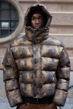 Boxy Washed Hooded Puffer Jacket In Brown