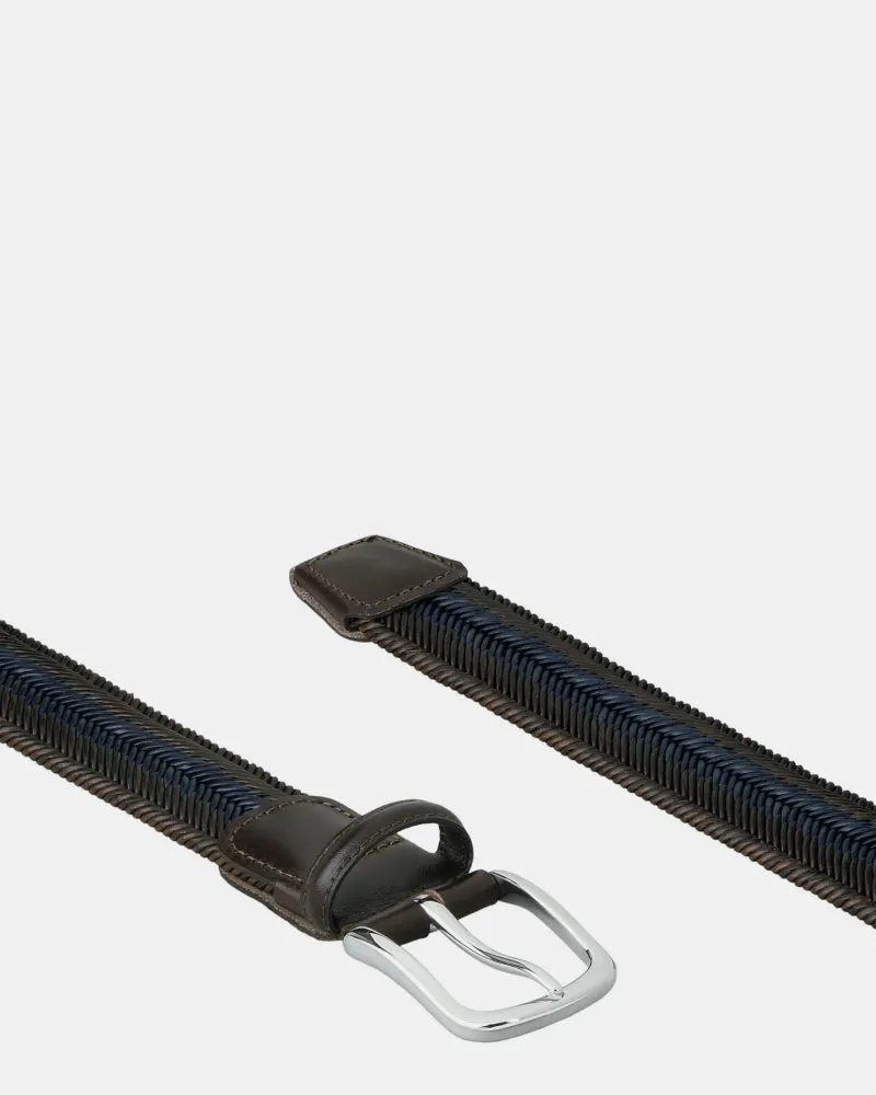 Braided Leather Stretch Belt - Dark Brown + Blue