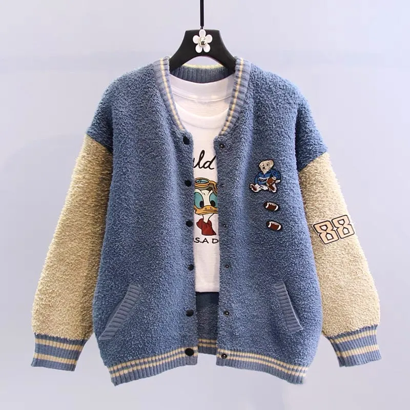 Cartoon sherpa color-blocked sweater jacket for women autumn and winter 2023 new baseball uniform loose outer wear knitted cardi