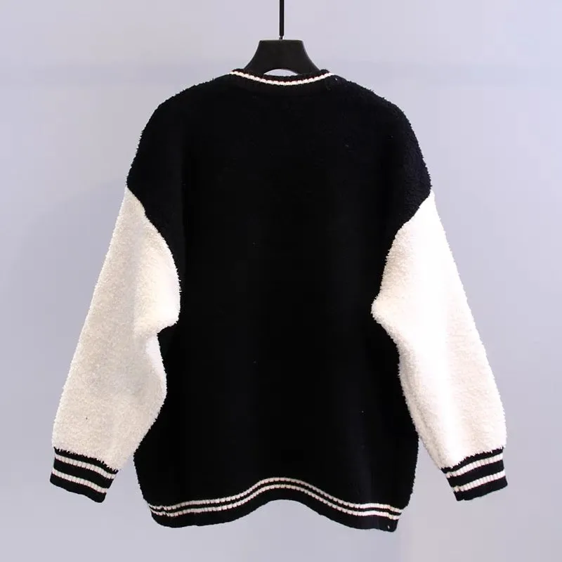Cartoon sherpa color-blocked sweater jacket for women autumn and winter 2023 new baseball uniform loose outer wear knitted cardi