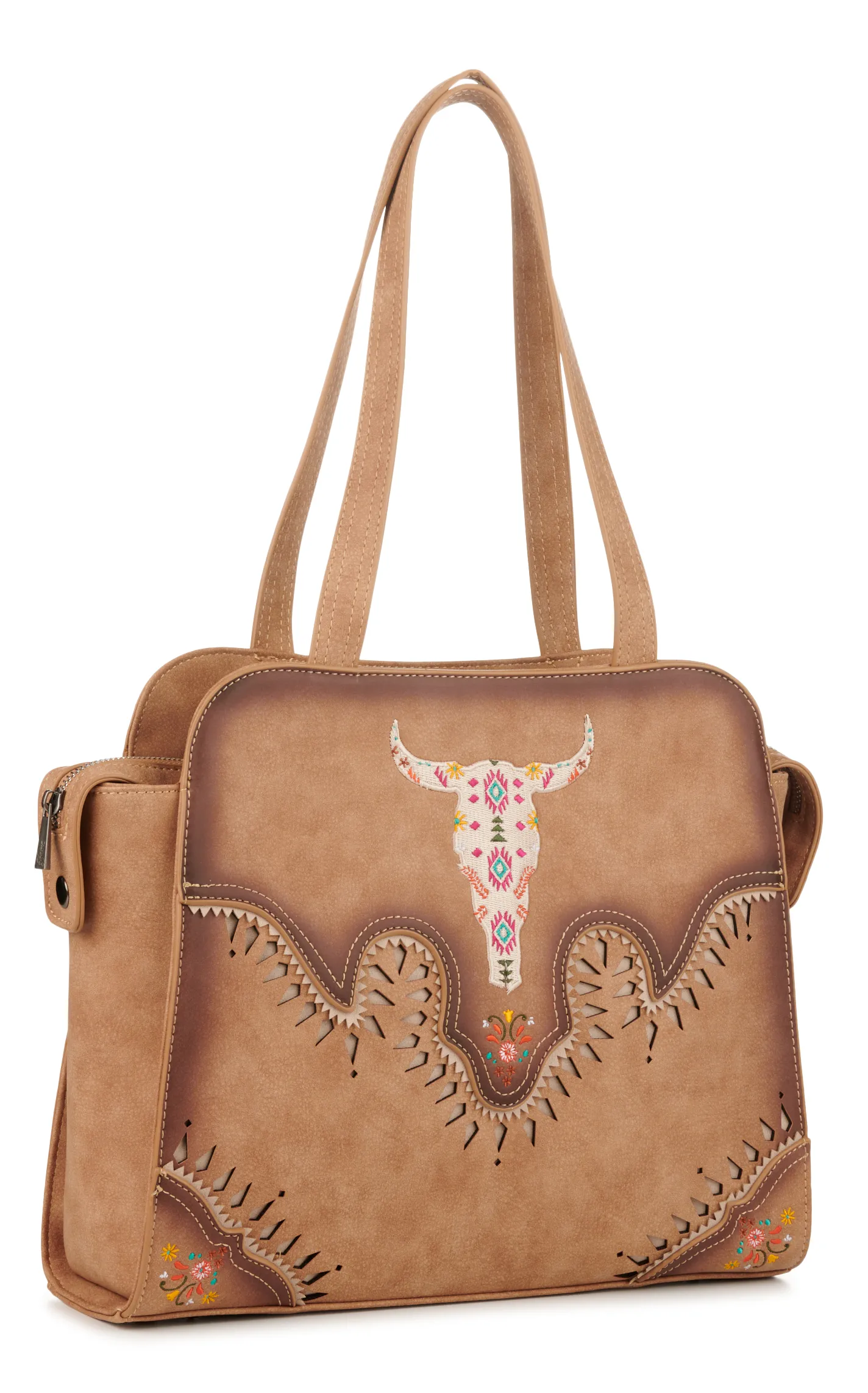 Catchfly Burnished Latte Tan & Colorful Aztec Skull & Floral Embroidered Tote Bag