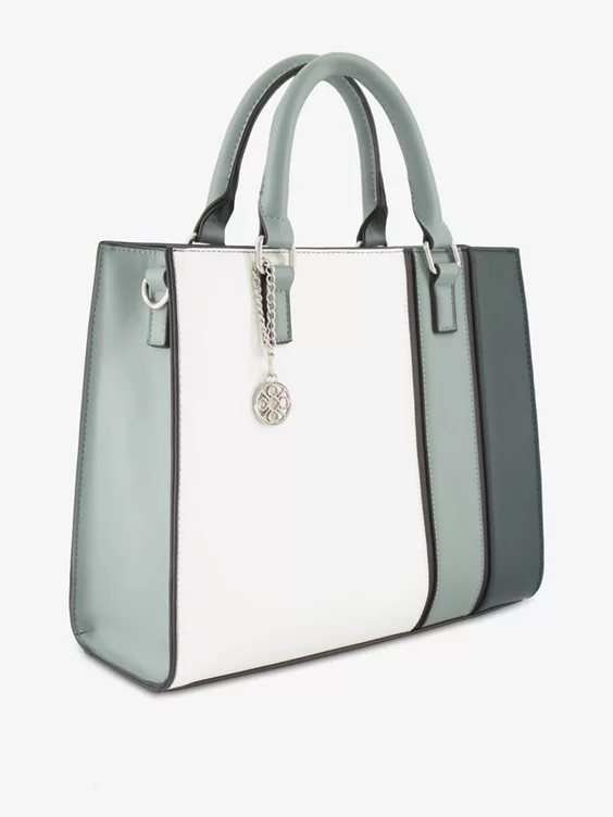 Catwalk  White and Green Striped Tote Bag with Metallic Bag Charm