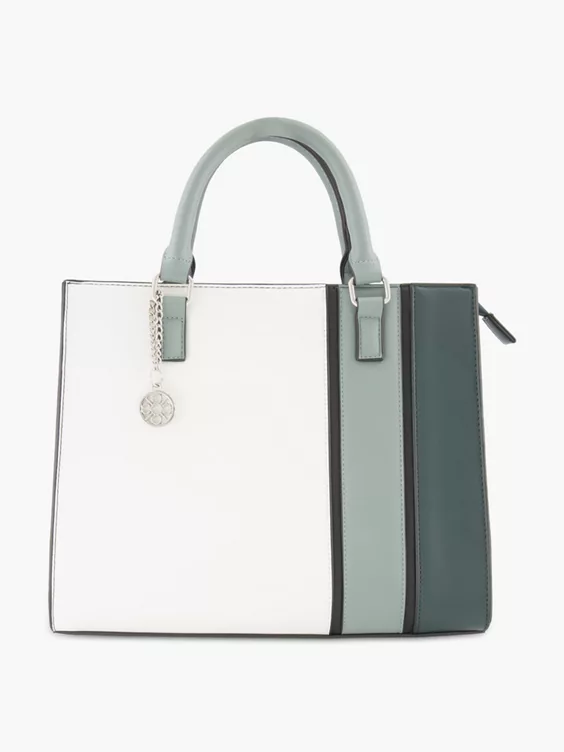 Catwalk  White and Green Striped Tote Bag with Metallic Bag Charm