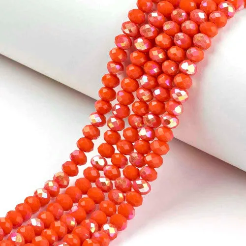 Crystal Glass Beads, Electroplated, Rondelle, Faceted, Opaque, Orange Red, Half AB Plated, 4mm