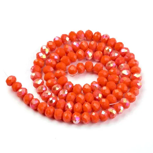 Crystal Glass Beads, Electroplated, Rondelle, Faceted, Opaque, Orange Red, Half AB Plated, 4mm