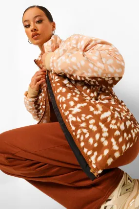 Deer Print Funnel Neck Puffer Jacket