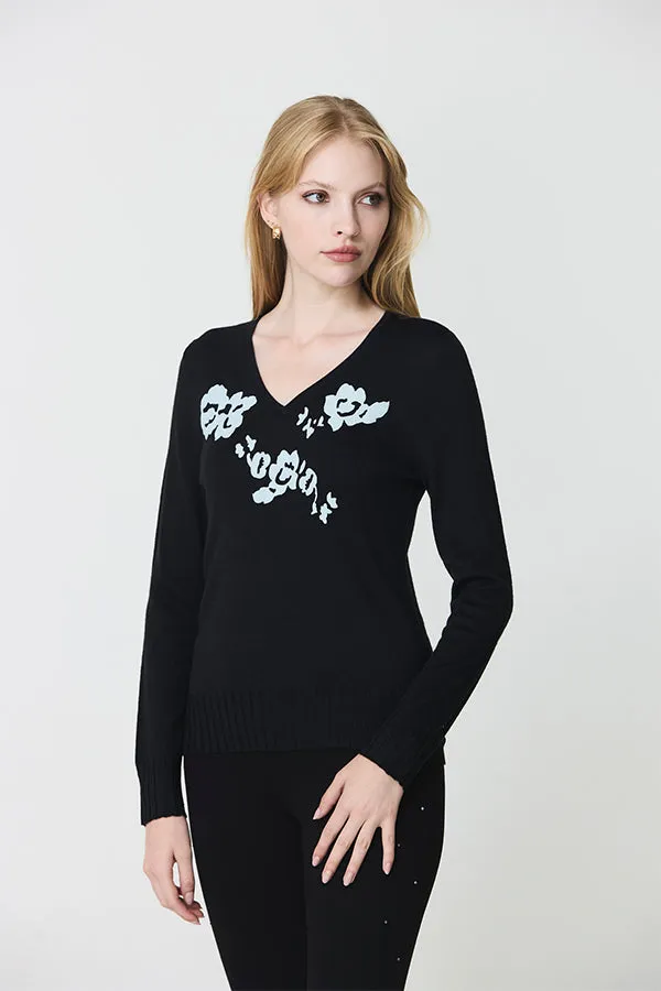 Escorpion FLORAL FLOCKING BLACK V-NECK SWEATER