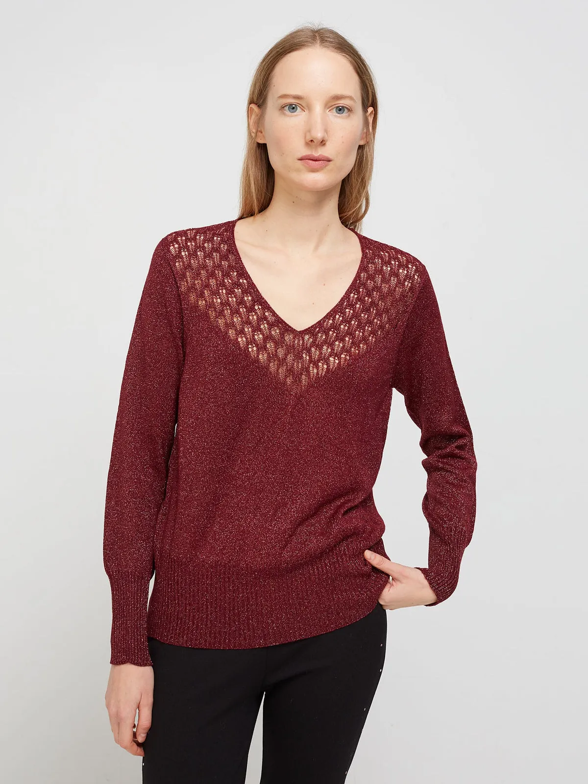 Escorpion OPENWORK LUREX V-NECK BURGUNDY SWEATER