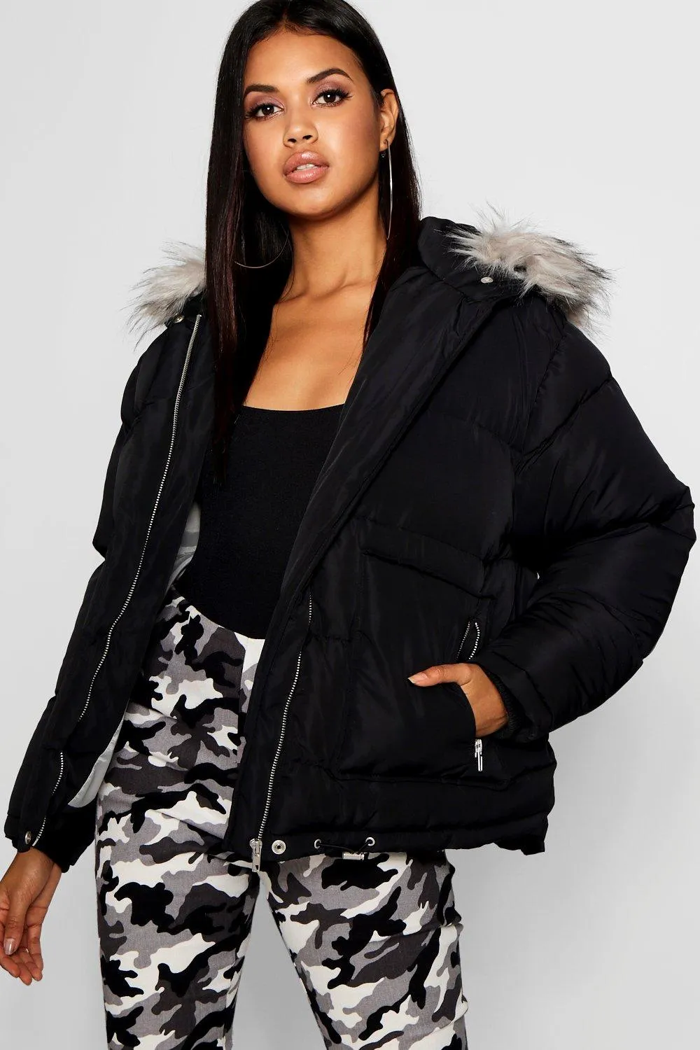 Faux Fur Trim Puffer Jacket