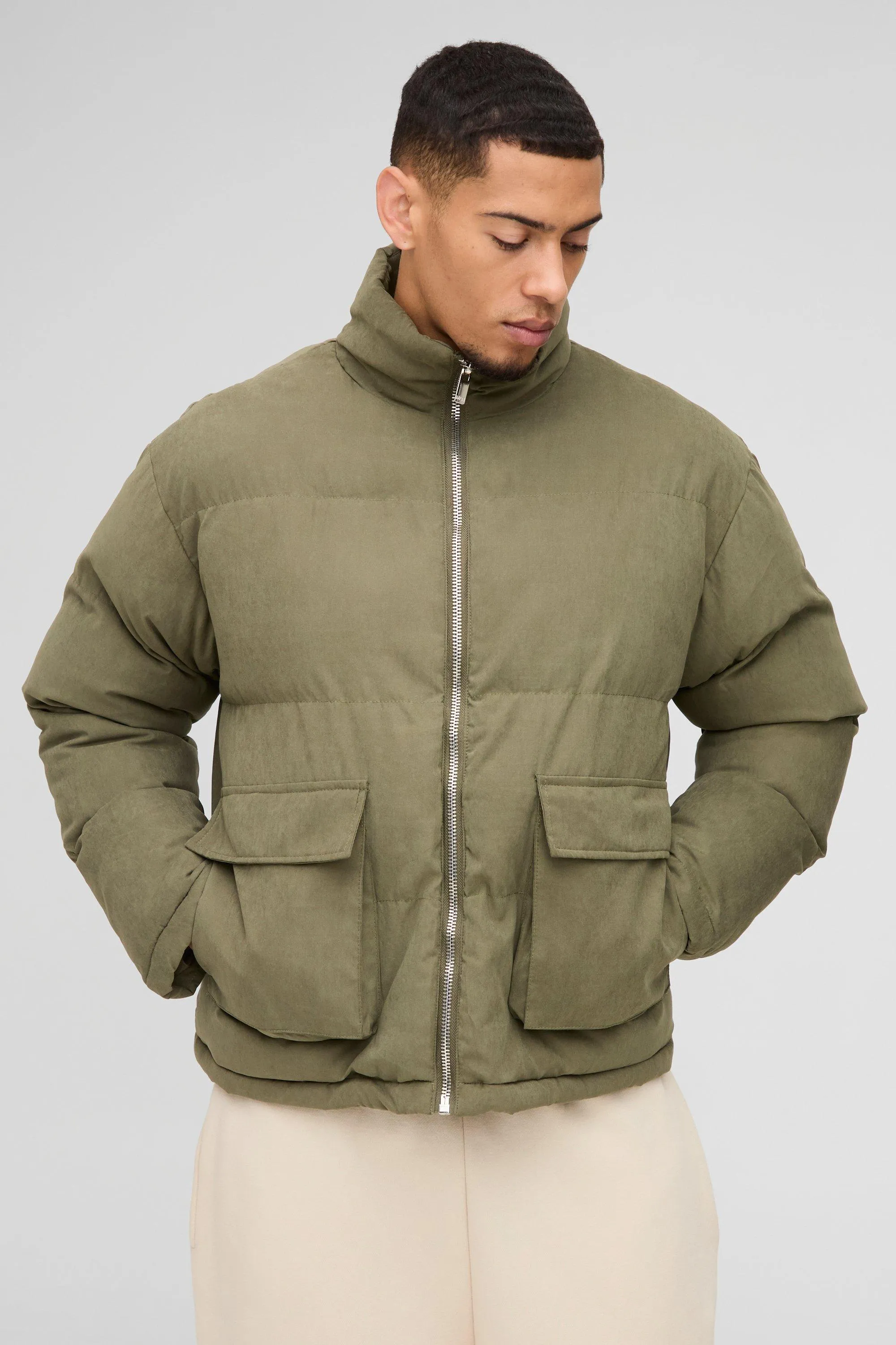 Faux Suede Funnel Neck Puffer Jacket In Khaki