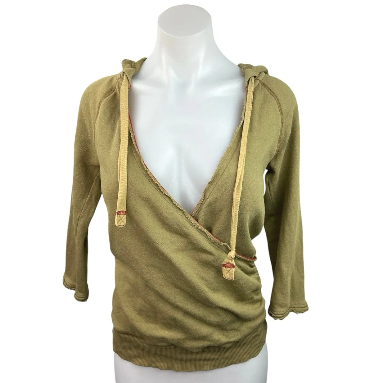 Free People Olive Green Stretch Deep V Neck Faux Wrap Hoodie Sweatshirt Top Sz S