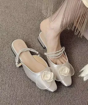 French Apricot Pearl Floral Satin Slide Sandals