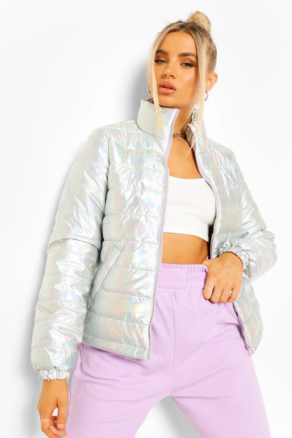 Funnel Neck Metallic Puffer Jacket