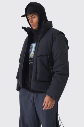 Funnel Neck Puffer Jacket With Removeable Sleeves In Black