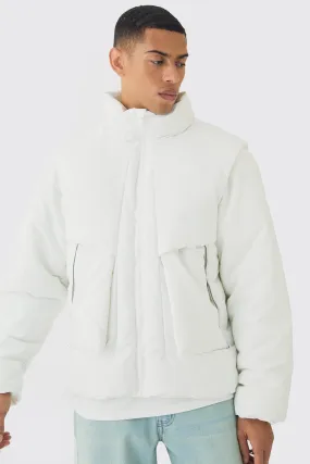 Funnel Neck Puffer Jacket With Removeable Sleeves In White