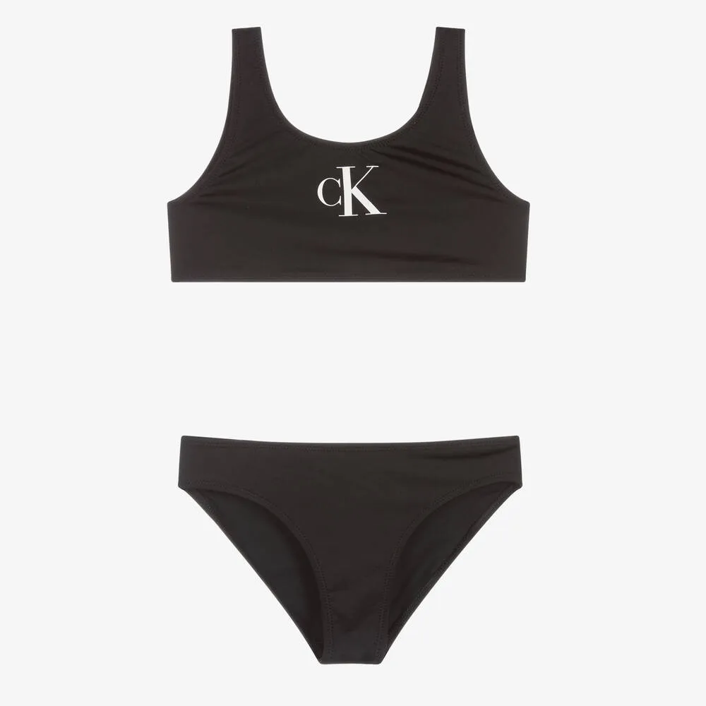 Girls Black Monogram Logo Bikini