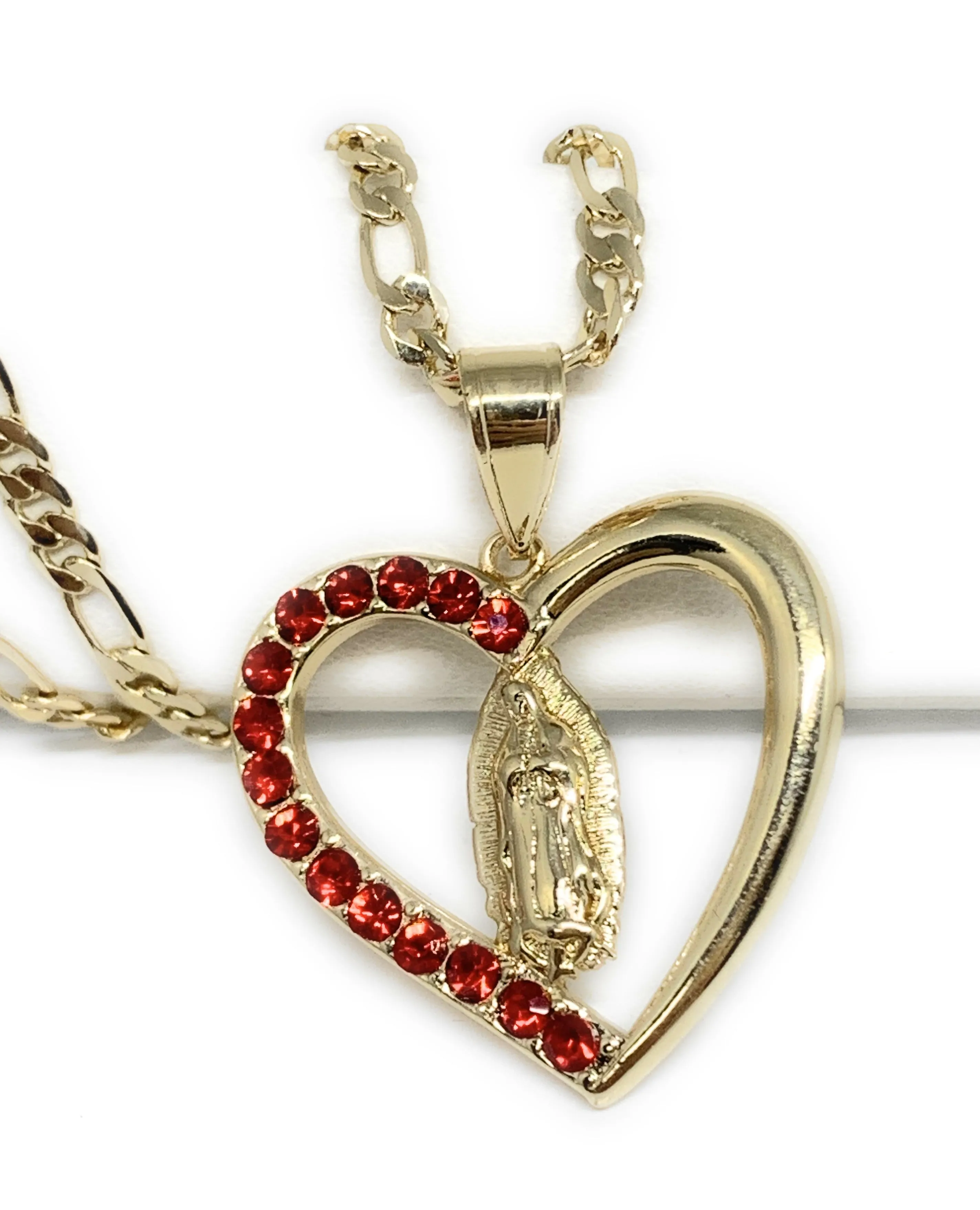 Gold Plated Yellow Virgin Mary Heart Red CZ Pendant Necklace 24 Virgen de Guadalupe Medallas