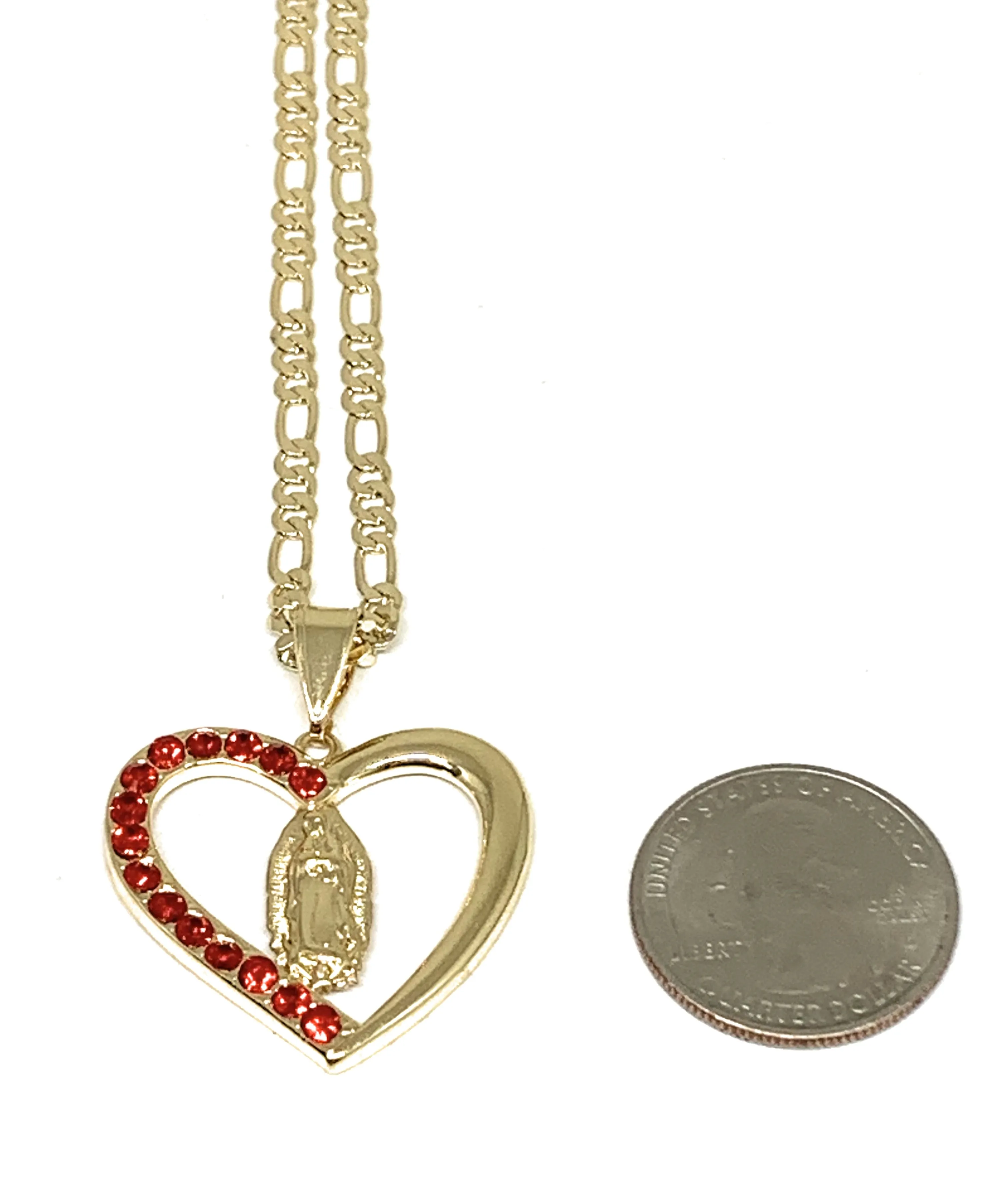 Gold Plated Yellow Virgin Mary Heart Red CZ Pendant Necklace 24 Virgen de Guadalupe Medallas