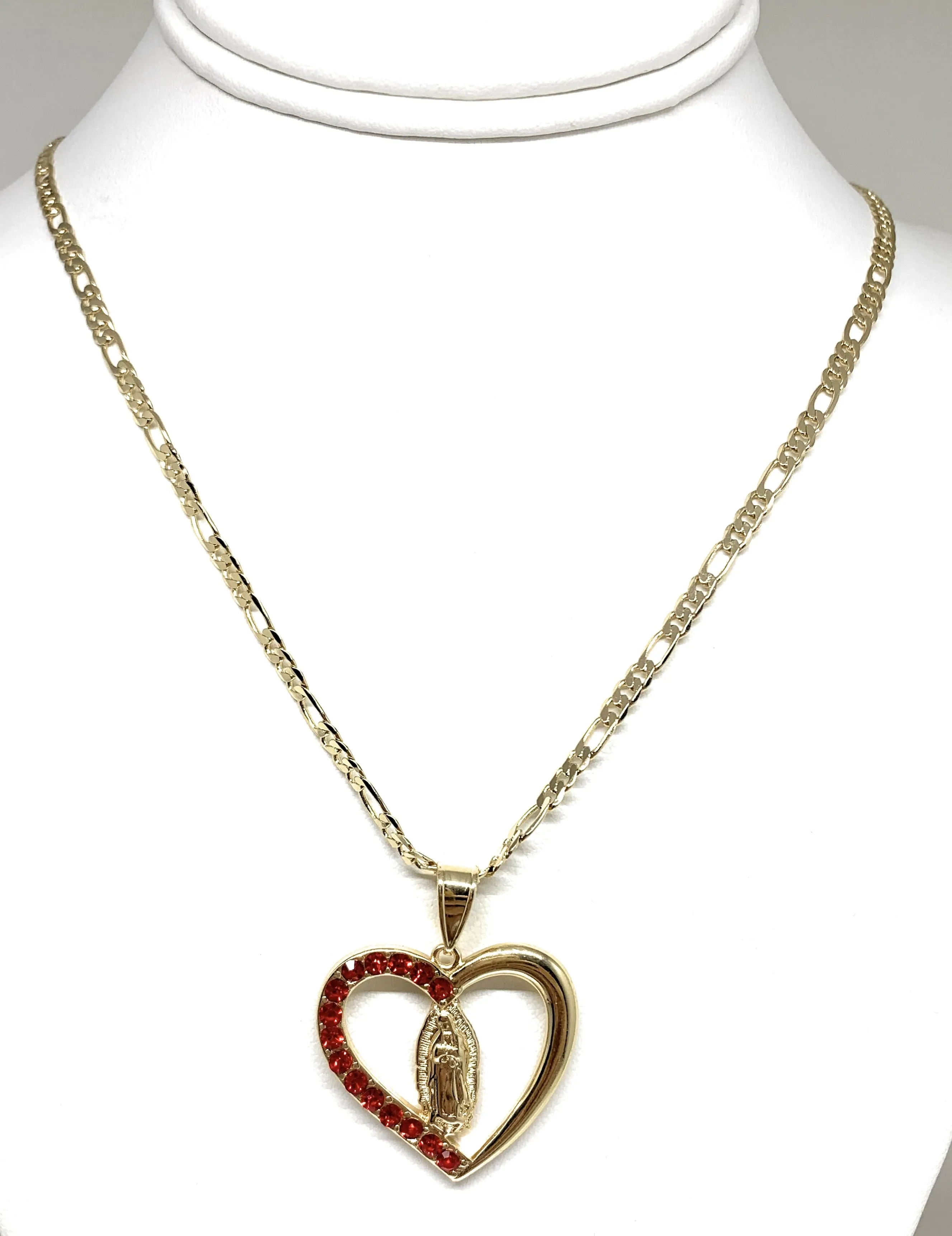 Gold Plated Yellow Virgin Mary Heart Red CZ Pendant Necklace 24 Virgen de Guadalupe Medallas