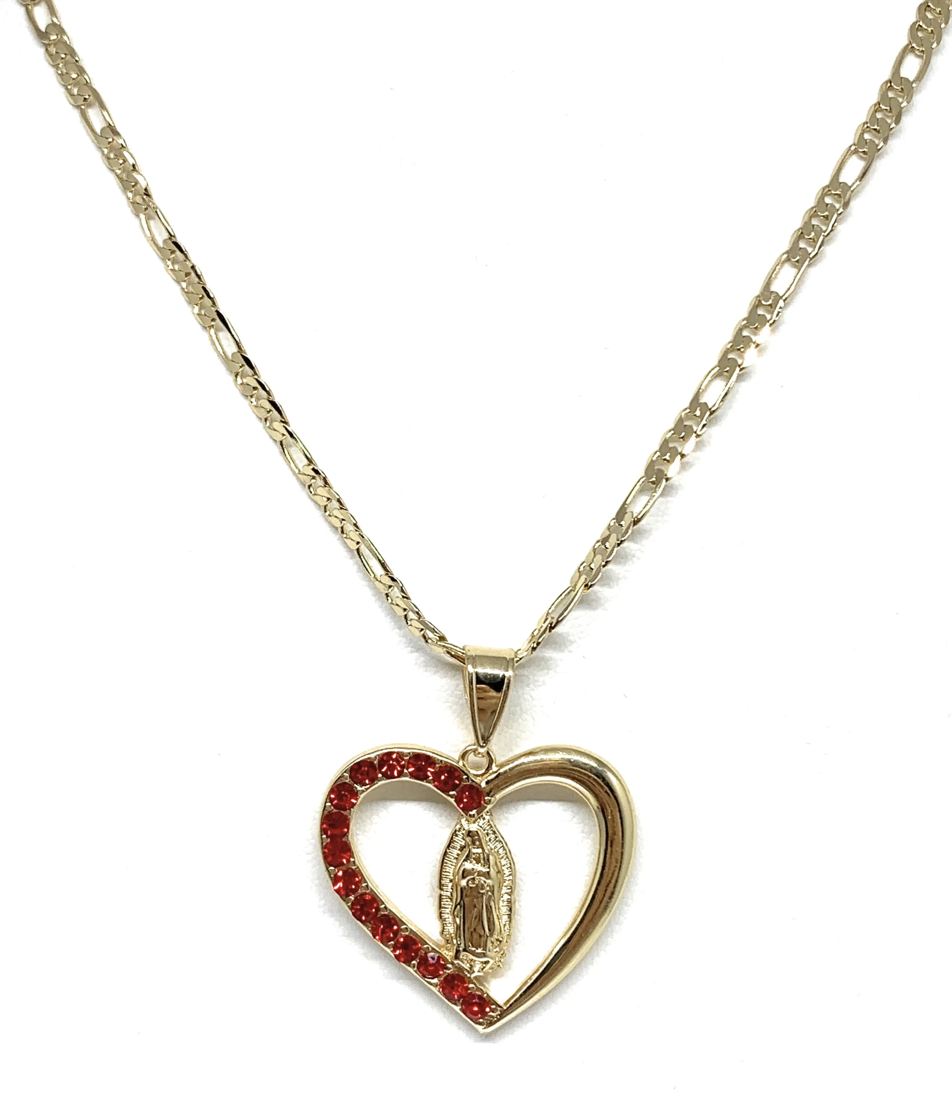 Gold Plated Yellow Virgin Mary Heart Red CZ Pendant Necklace 24 Virgen de Guadalupe Medallas