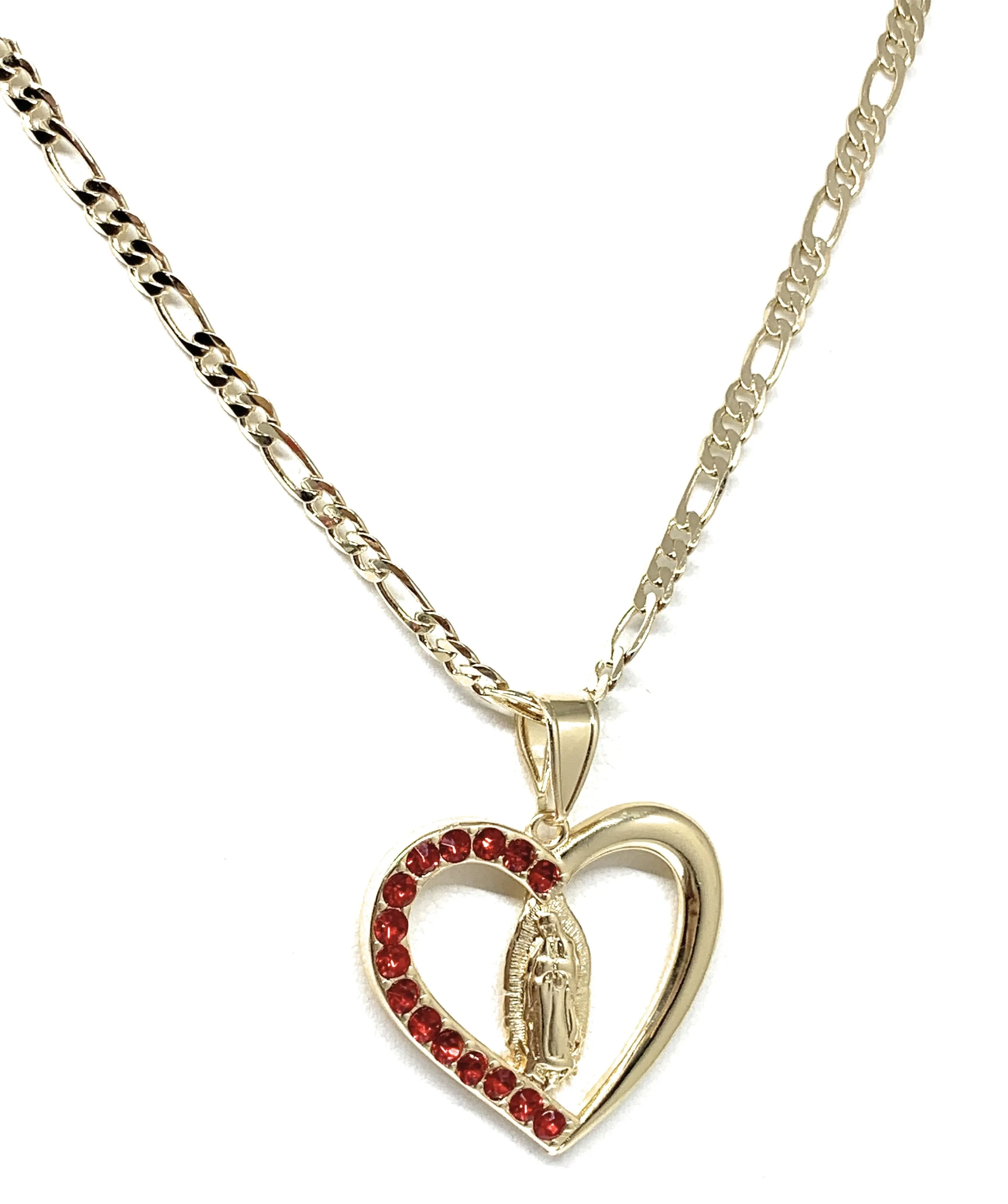 Gold Plated Yellow Virgin Mary Heart Red CZ Pendant Necklace 24 Virgen de Guadalupe Medallas