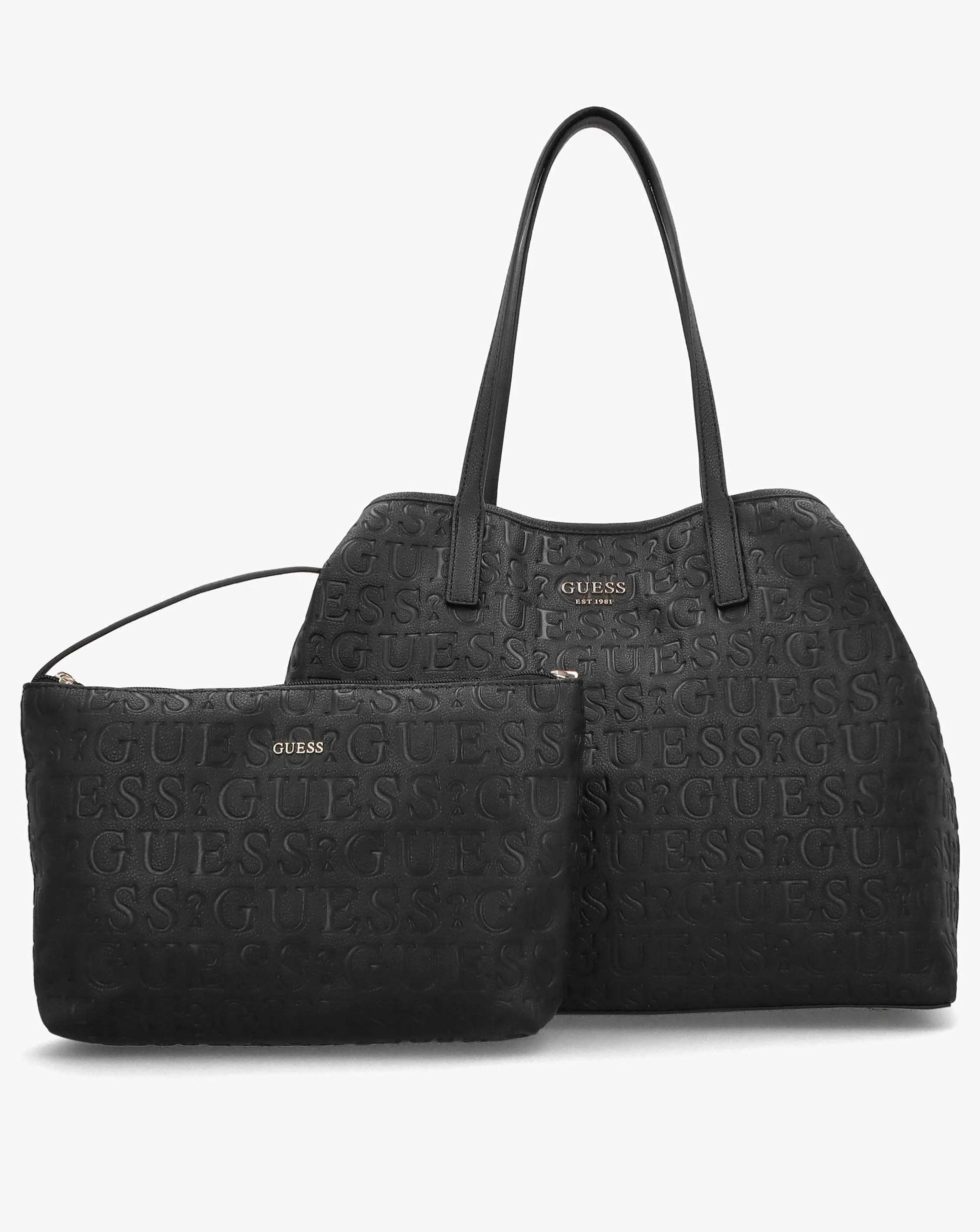 Guess Vikky II Black Debossed Logo Tote Bag