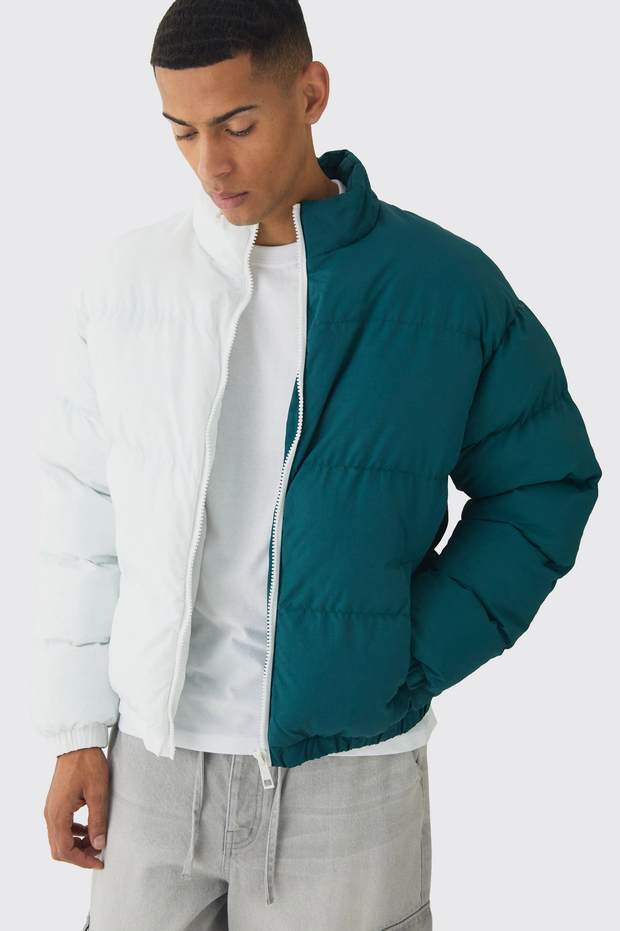 Half And Half Funnel Neck Puffer Jacket In Green