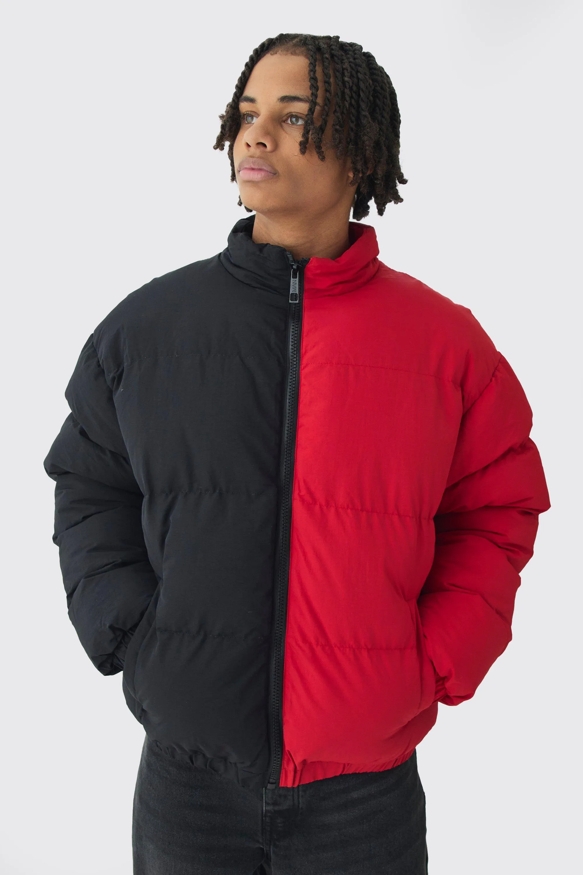 Half And Half Funnel Neck Puffer Jacket In Red